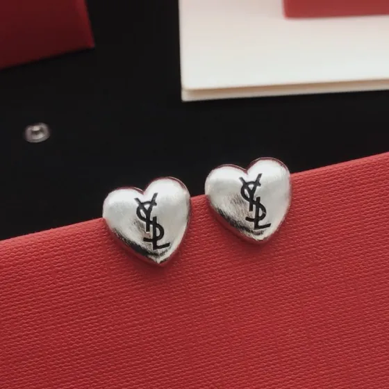 Saint Laurent YED0090 Heart Cassandre Stud Earrings earrings brushed silver-tone metal with black enamel logo 1 2cm stud diameter