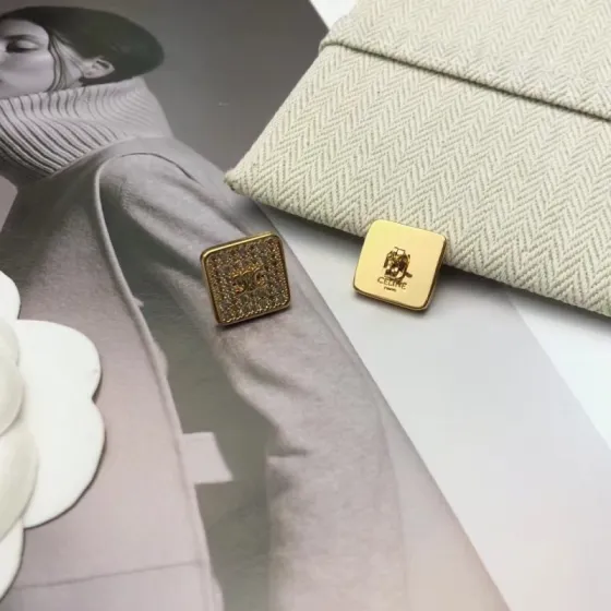 Celine Celestine Triomphe Square Stud Earrings earrings gold-tone metal with clear pave crystals 1 2cm stud diameter