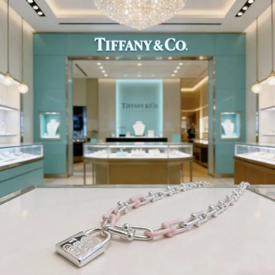 Tiffany Co HardWear Lock Pendant necklace Sterling silver with blush pink enamel accents polished silver lock pendant 55cm