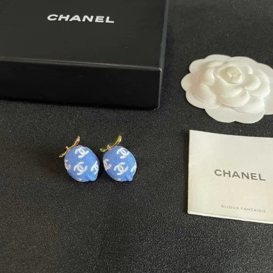 Chanel CC Lemon Stud Earrings earrings Gold-tone metal with blue enamel white interlocking CC logos green enamel leaf accents One Size