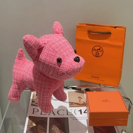 Hermes Buldog Plush brooch Pink fabric with black plastic accents 28cm