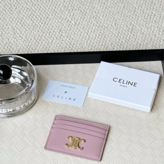 Celine Triomphe card holder petal pink smooth leather with gold-tone Triomphe metal hardware 10 5cm x 7