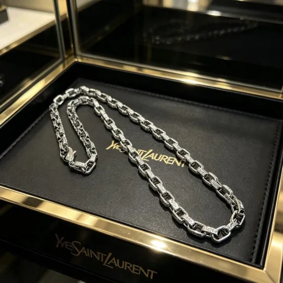 Saint Laurent DIVAS DREAM necklace silver-toned metal with clear pave stone accents 60cm