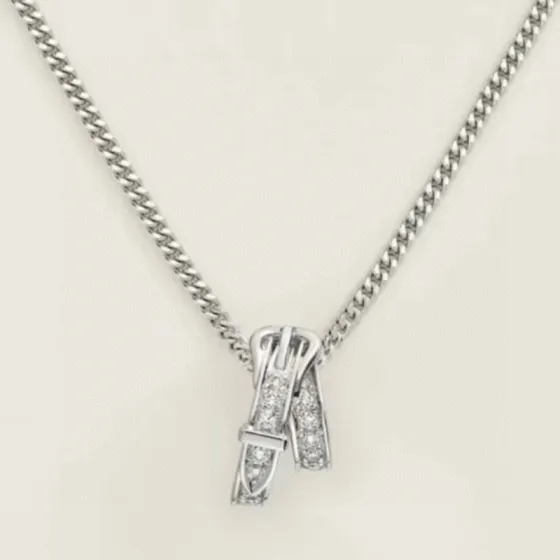 Hermes Buckle Diamond Pendant necklace 18k white gold with clear diamonds 40cm