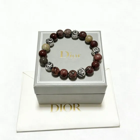 Dior Beaded Logo Charm Bracelet bracelet Silver-toned metal with mixed red-brown taupe and beige natural stone beads 19cm