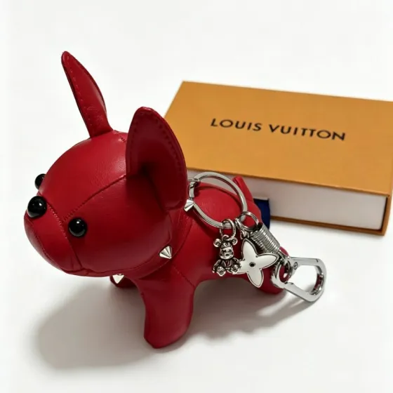 Louis Vuitton Anger Forest French Bulldog Key Charm pendant Red smooth leather with silver-tone metal hardware black enamel eye details white enamel monogram flower charm 12cm total length with 3cm key ring