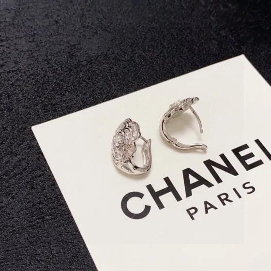 Chanel Camelia earrings silver-toned metal with clear diamond-like stones 1 5cm diameter