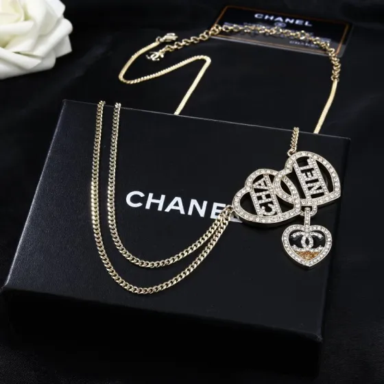 Chanel Goose Heart Logo Waist Chain necklace Gold-tone metal with clear crystal rhinestones black enamel and gold glitter accent on heart pendant 80cm with 5cm extension