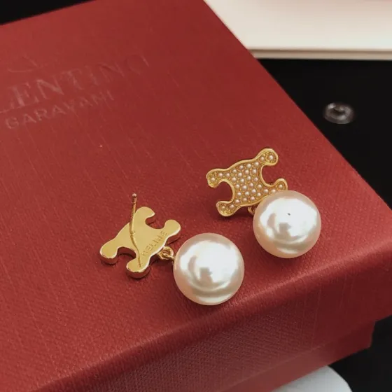 Celine Triomphe Pearl Drop earrings gold-tone metal with white pearls 2 5cm drop length