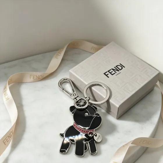Fendi Bulldog Charm Keychain pendant Silver-tone metal with black enamel and red collar accent orange enamel with black collar accent all-silver embossed metal One Size keyring diameter 3cm charm height 5cm