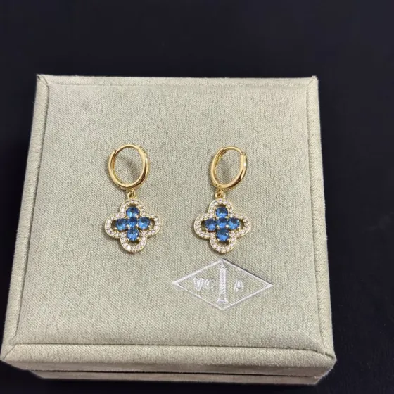 Van Cleef Arpels Alhambra earrings yellow gold metal blue gemstones white diamond accents 12mm hoop diameter 10mm pendant drop