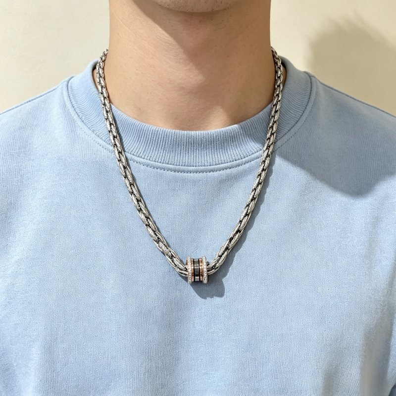 Bvlgari B zero1 necklace Silver-toned metal rose gold accents black ceramic clear diamond accents 60cm
