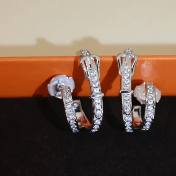 Hermes Buckle Double Hoop earrings silver-toned white gold with clear diamond accents 2cm hoop diameter