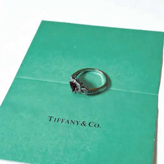 Tiffany Co Heart Gemstone Halo Ring ring Sterling silver metal deep red center gemstone clear white accent stones US 7