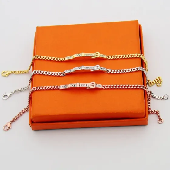 Hermes Belt Buckle Curb Chain Bracelet bracelet Yellow gold rose gold silver with clear diamond-like accent stones 17cm