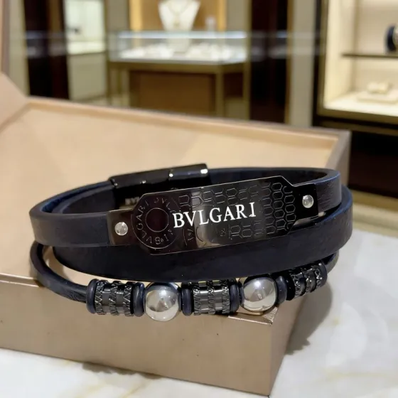 Bvlgari Serpenti Forever Coiled Leather Bracelet bracelet Black leather with gunmetal black metal hardware and silver-toned spherical accents 19cm