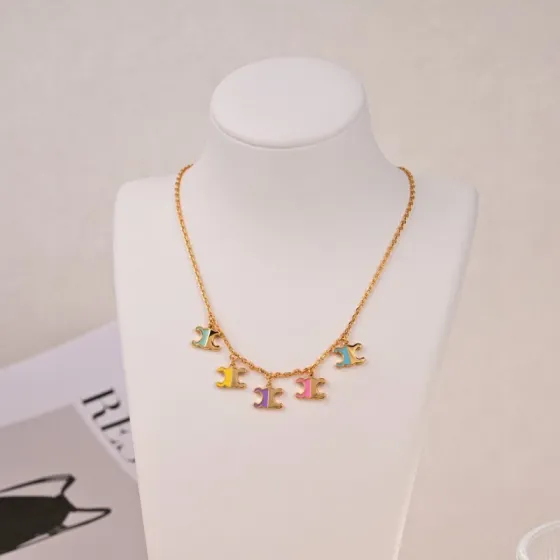 Celine Triomphe Multi-Color Enamel Charm necklace Gold-tone metal with turquoise yellow purple pink enamel accents 42cm