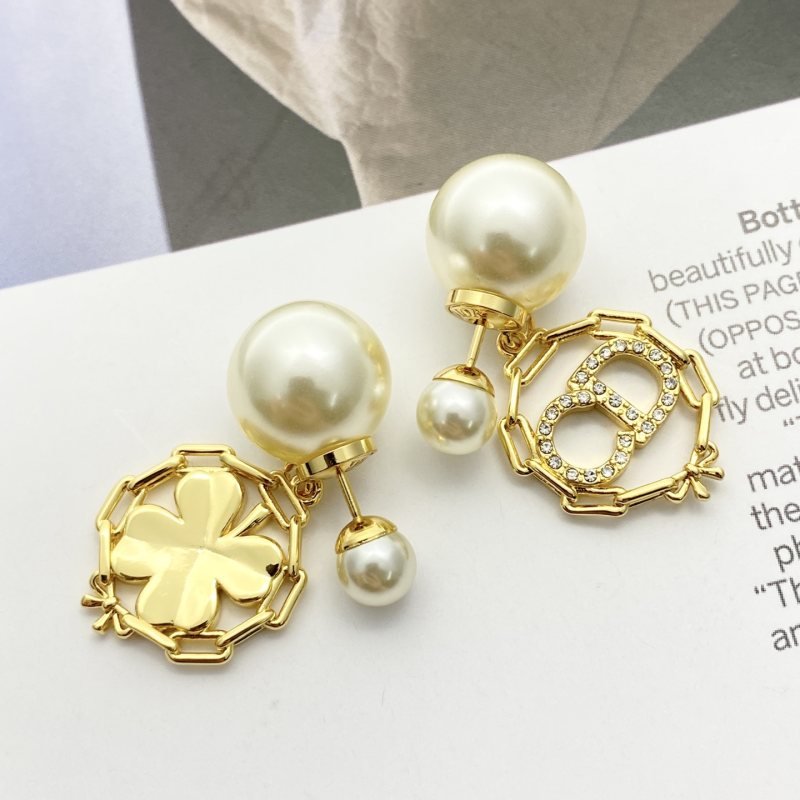 Dior Tribales Clover CD Logo Pearl Drop Earrings earrings Gold-tone metal cream white faux pearls clear crystal rhinestones One size drop length approx 3cm