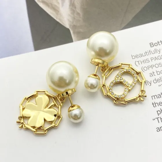 Dior Tribales Clover CD Logo Pearl Drop Earrings earrings Gold-tone metal cream white faux pearls clear crystal rhinestones One size drop length approx 3cm