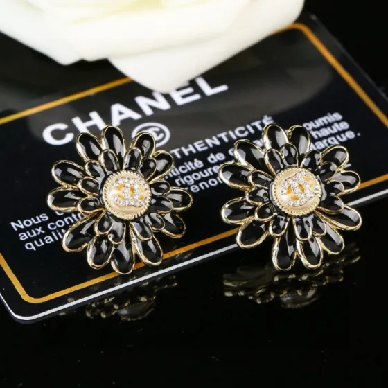 Chanel CC Daisy Stud Earrings earrings Gold-tone metal black enamel clear crystal accents faux pearl center detail 2 5cm diameter