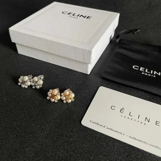 Celine Triomphe Pearl Cluster Stud Earrings earrings Gold-tone metal with cream faux pearls and clear crystal accents 1cm diameter