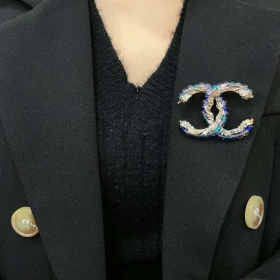 Chanel CC Logo Beaded Brooch brooch gold-tone metal with blue teal purple and pink glass beads 3 5cm width