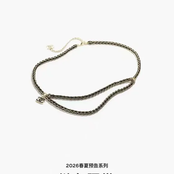 Chanel CC Logo 2026 Spring Summer Preview Collection necklace Gold tone metal with black lambskin leather black enamel CC logo charm 80cm