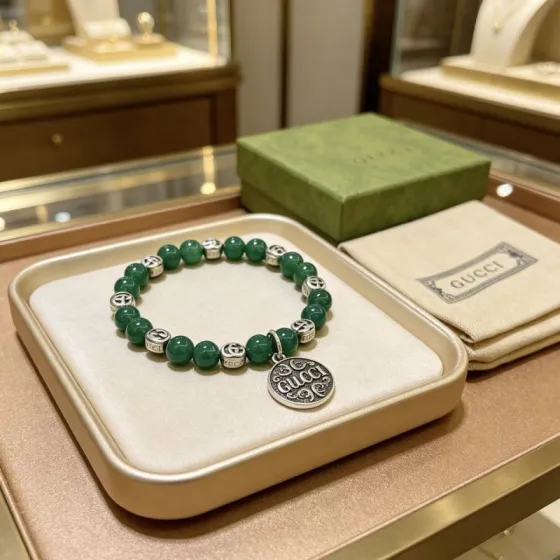 Gucci Anger Forest bracelet antique silver metal deep green stone beads 18cm