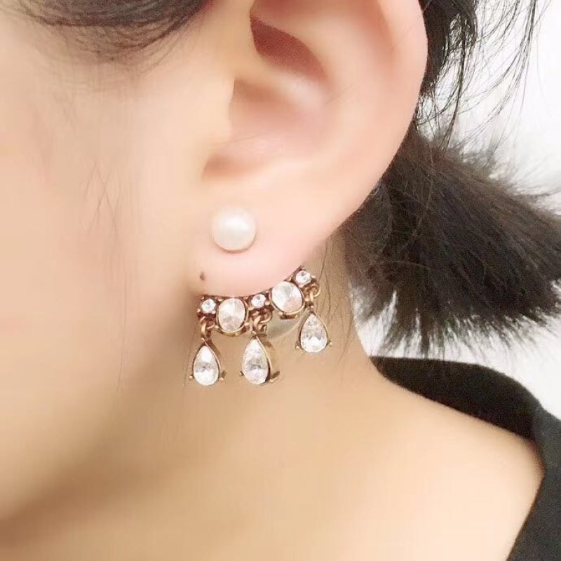 Dior Tribales Pearl Crystal Drop Earrings earrings Antique gold-tone metal white pearl clear faceted crystal One Size post style approx 2cm drop length