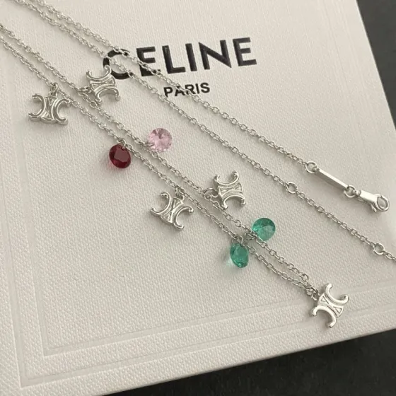 Celine Triomphe Multi Charm necklace Silver-toned metal with red pink and green faceted stone charms 45cm