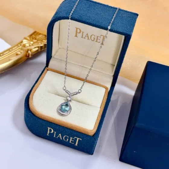 Piaget Teardrop Gemstone Pendant necklace Silver-toned white gold metal with light blue teardrop gemstone and white diamond accents 45cm