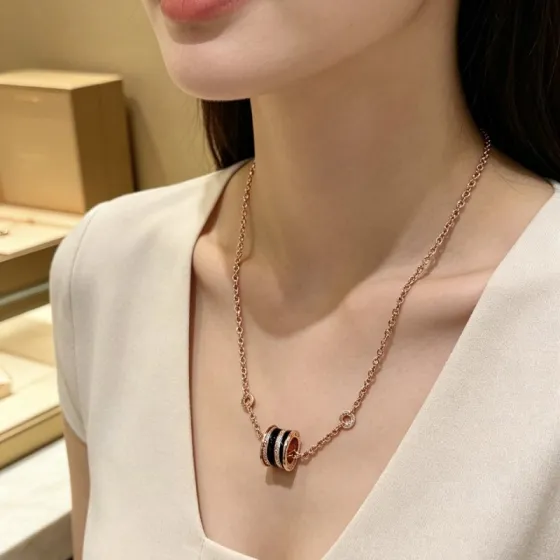 Bvlgari B zero1 necklace 18K rose gold black ceramic diamond 42cm