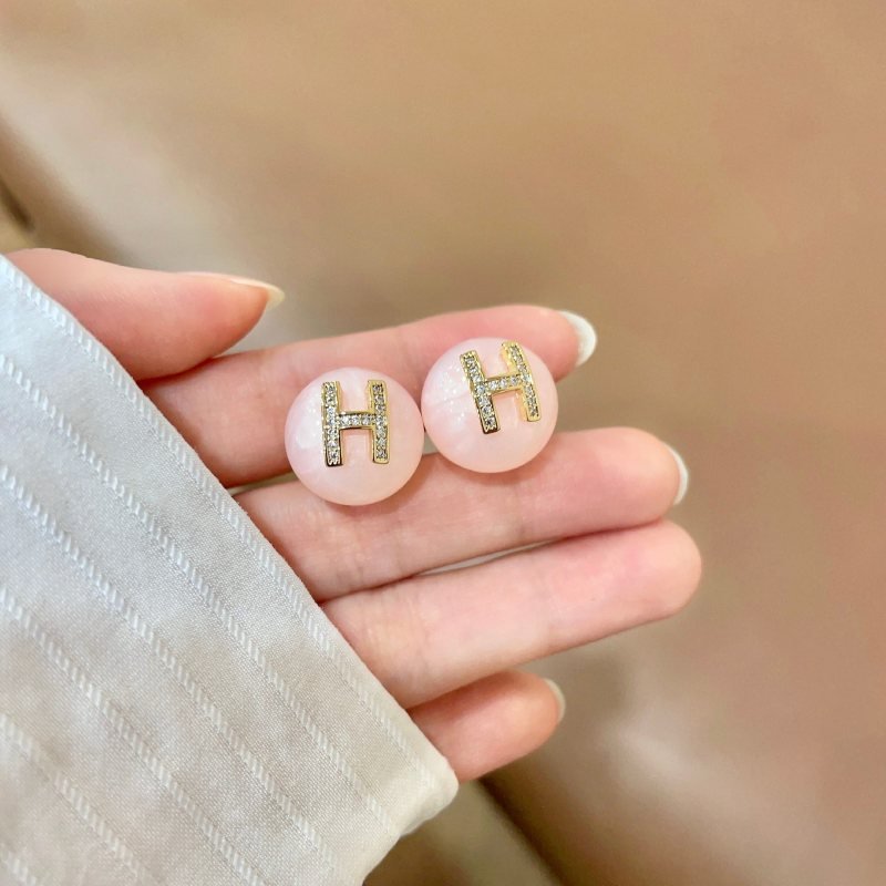 Hermes H Logo Round Stud Earrings earrings gold-tone metal with clear pave crystals pale pink resin base 1 5cm diameter