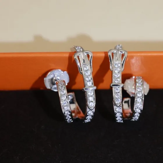 Hermes Buckle Double Hoop Earrings earrings silver-toned metal with clear pave stones 1 5cm hoop diameter