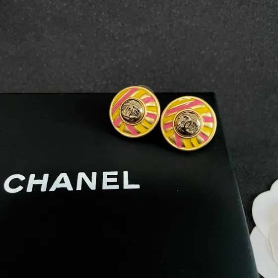Chanel CC Logo Candy Stripe Button Stud Earrings earrings Gold-tone metal with yellow and pink enamel 1 8cm diameter