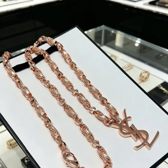 Saint Laurent Cassandre Monogram Pendant necklace Rose gold tone metal no gemstones 60cm