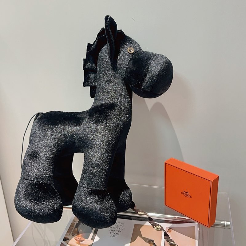 Hermes Hermy Plush Horse pendant Black glitter fabric with brass tone button eye 35cm