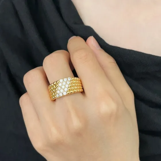 Van Cleef Arpels Perlee ring Yellow gold with clear diamond pave rose gold with clear diamond pave white gold with clear diamond pave US 7