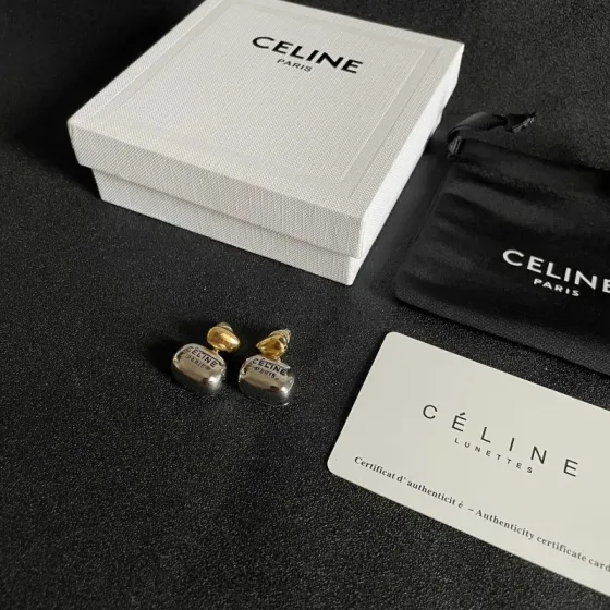 Celine Paris Logo Two-Tone Drop Earrings earrings gold-tone metal top silver-tone metal drop with black engraved logo 1 5cm drop length