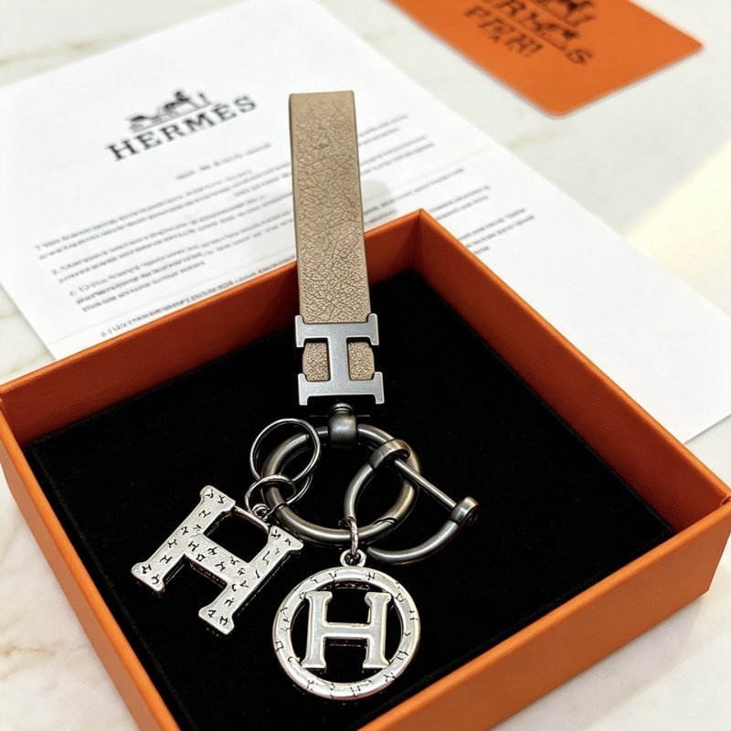 Hermes H Logo Charm Keychain pendant Etoupe taupe leather gunmetal silver-tone metal 10cm total length
