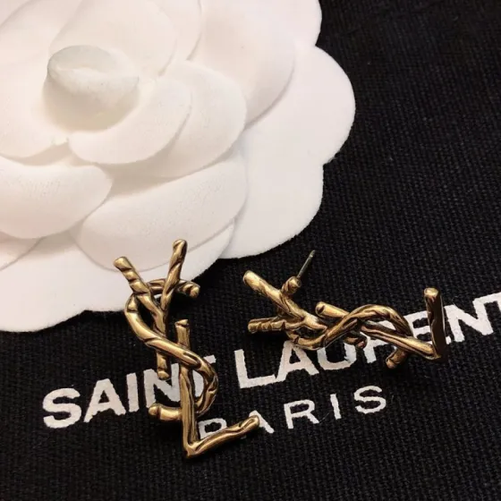 Saint Laurent CALL ME Twisted YSL Monogram earrings antique gold tone metal no gemstones 2 5cm stud length