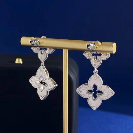 Roberto Coin Princess Flower earrings 18k white gold with diamond accents 3 8cm drop length