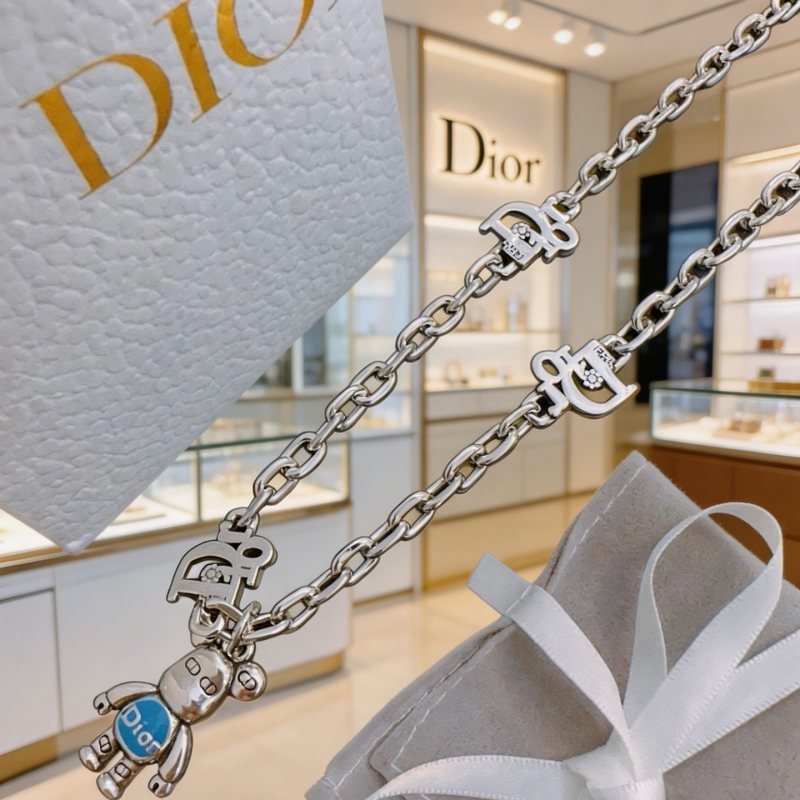 Dior Robot Bear Charm Chain Necklace necklace Silver-toned metal with blue enamel accent and clear crystal details 50cm