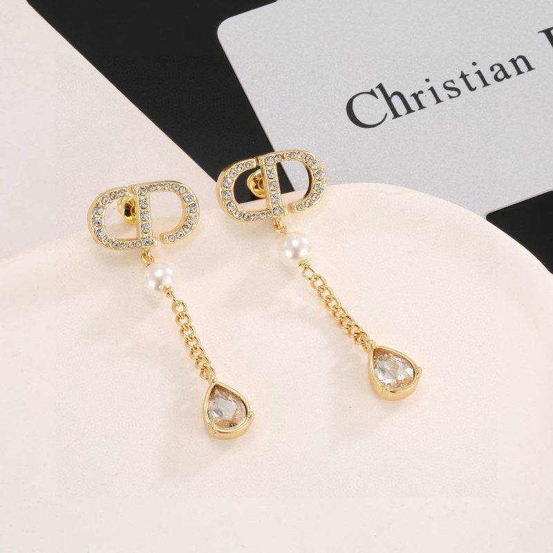 Dior Petit CD earrings Gold-tone metal with clear crystals white faux pearls and teardrop clear crystal drops One Size