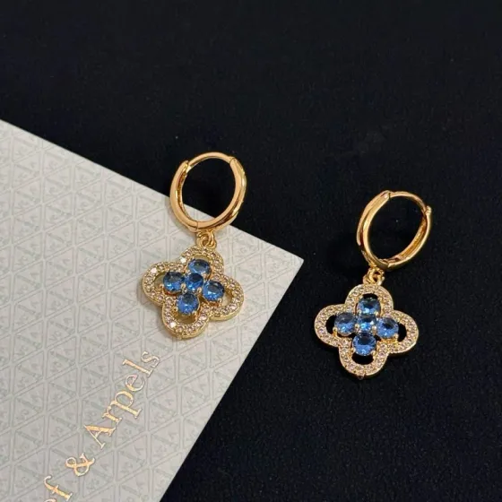 Van Cleef Arpels Alhambra earrings yellow gold metal blue gemstones clear diamond accents 12mm hoop diameter 15mm pendant drop