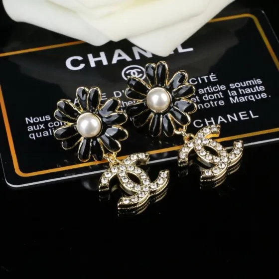 Chanel CC Daisy Drop Earrings earrings Gold-tone metal black enamel white faux pearl clear crystal rhinestones One Size drop length approx 2 5cm