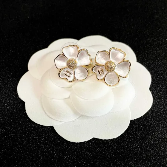 Chanel CC Camellia Flower Stud Earrings earrings Gold-tone metal white mother-of-pearl effect petals clear crystal accents 1 5cm diameter