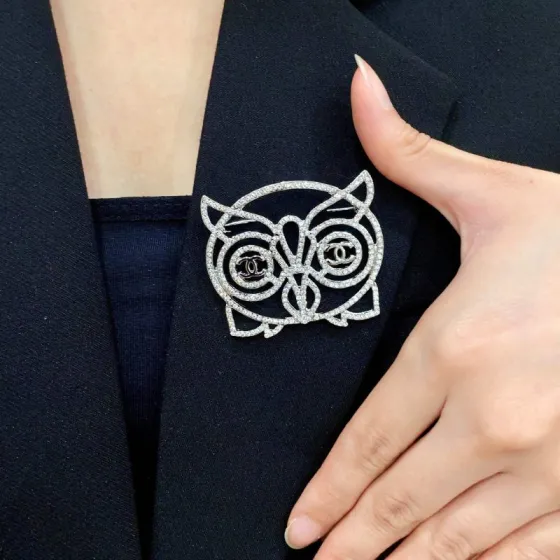 Chanel CC Logo Openwork Owl brooch silver tone metal with clear crystal pave 4 5cm width