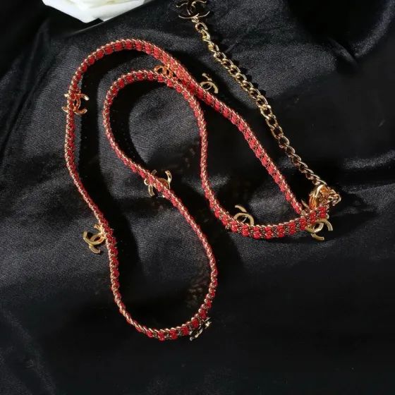 Chanel CC Logo New Arrival Chain Belt necklace Gold-tone metal with red woven cord 80cm with 10cm extension