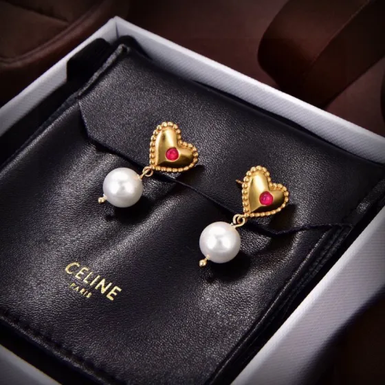 Celine PRECLOUS Heart Pearl Drop earrings gold-tone metal white pearl red cabochon stone 2 5cm drop length